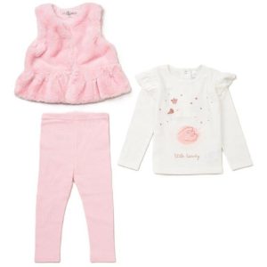 Pink Faux Fur Baby Girl Outfit – 3-Piece Set with “Little Beauty” Top & Ribbed Legging