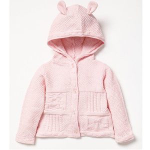 Pink Knitted Baby Cardigan – Hooded with Cute Ears & Star Pocket Detail