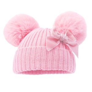 Pink Knitted Winter Hat with Fluffy Pom-Poms with a Velvet Bow – Cute & Cosy Hat for Baby's