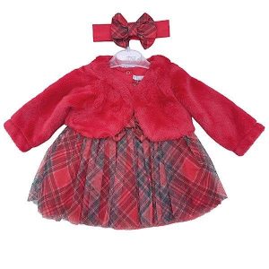 Baby girl red tartan 3-piece dress and shrug set for UK babies